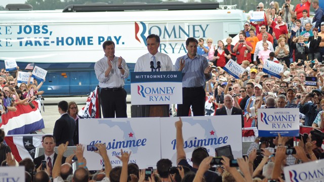 PHOTO: Gov. Mitt Romney speaks to a crowd in Osceola, Fla., with Senator Marco Rubio during a rally in swing county where Latinos carry significant sway.
