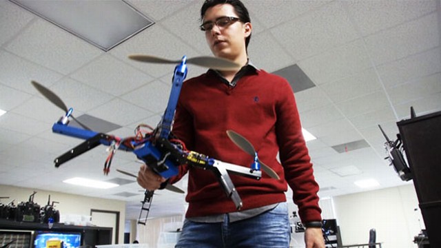PHOTO: Jordi Muñoz, 26, president of 3D Robotics, shows off a quadcopter, one of drones his company designs and manufactures.