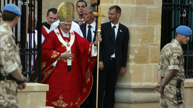 PHOTO: Pope Benedict XVI leaves Nicosia's Latin Church of the Holy Cross in the divided capital of Cyprus after celebrating mass on June 5, 2010