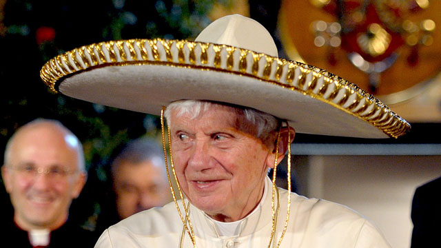 PHOTO: Pope Benedict XVI wears a sombrero in Leon, Mexico on March 25, 2012.