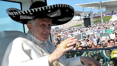 PHOTO: Pope Benedict XVI wearing a Sombrero in Bicentennial Park near Silao, Mexico.