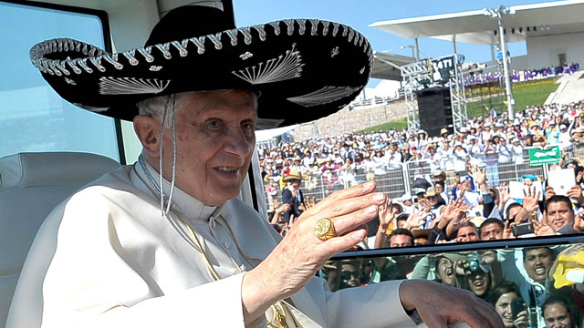 PHOTO: Pope Benedict XVI wearing a Sombrero in Bicentennial Park near Silao, Mexico.