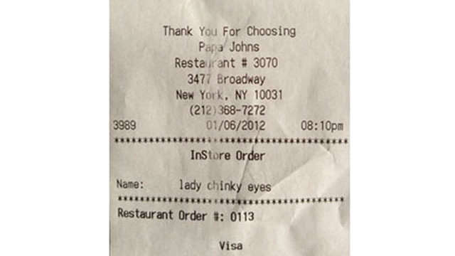Papa John's has apologized after an employee typed a racial slur on a receipt to a customer at one of its locations in New York City, January 2012.