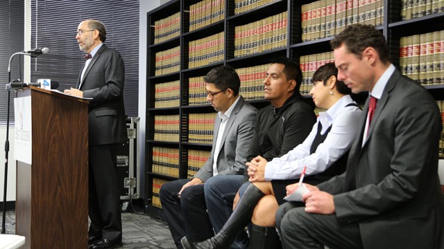 PHOTO:&nbsp;Michael Rubin, attorney for warehouse workers, speaks at a press conference in Los Angeles.