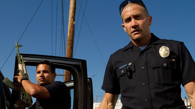 PHOTO: Michael Peña and Jake Gyllenhaal patrol the mean streets of Los Angeles in their new action thriller, End of Watch.