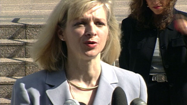PHOTO: Karen Kraushaar speaks to the media during the Elian Gonzalez controversy.