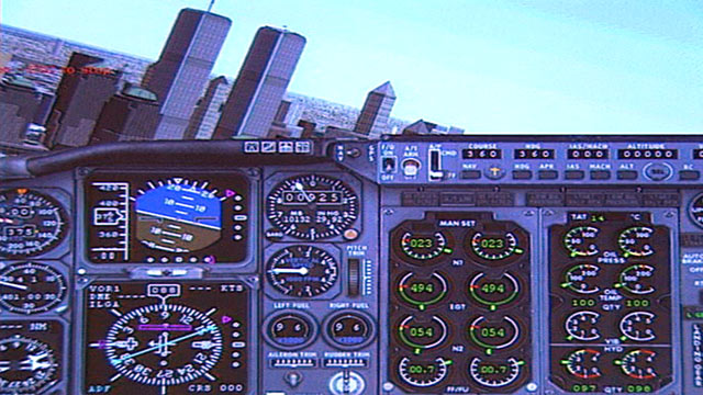 PHOTO: Flight simulation software stills that the Twin Towers hijackers used shows planes approaching the towers in New York City.