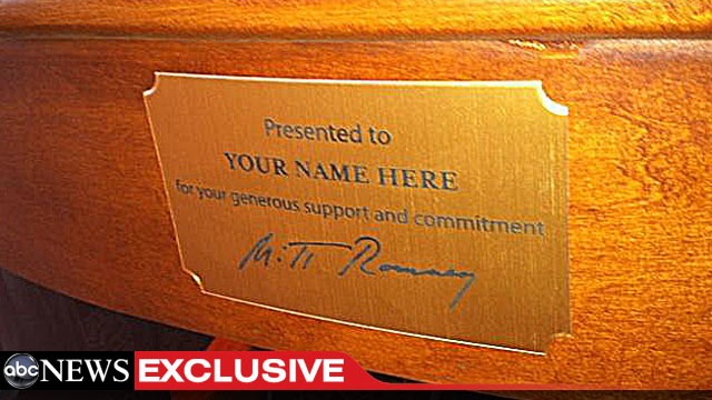 PHOTO: Personalized chairs are among the perks awaiting big donors to the presidential campaign of Gov. Mitt Romney at the Republican National Convention this week in Tampa, Fla.