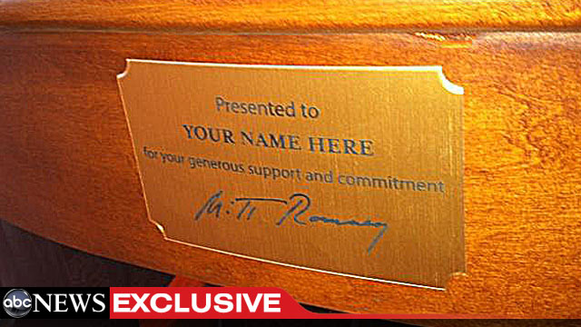 PHOTO: Personalized chairs are among the perks awaiting big donors to the presidential campaign of Gov. Mitt Romney at the Republican National Convention this week in Tampa, Fla.