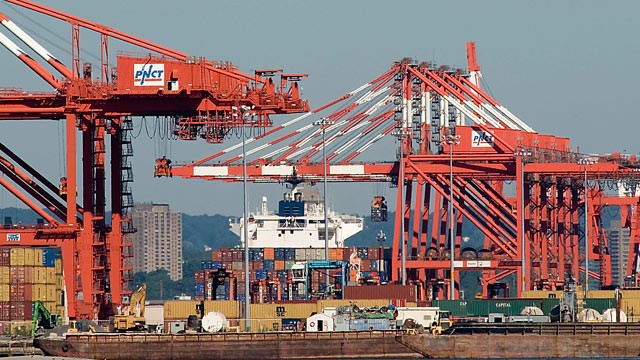 PHOTO: The container ship Ville DAquarius docked at Port Newark Container Terminal located in Port Newark, N.J., as seen from the Ahern Veterans Stadium off of 26th Street in Bayonne, June 27, 2012.