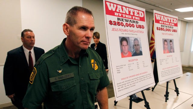 PHOTO: Richard Barlow, front, U.S. Customs and Border Protection Border Patrol, James L. Turgal, Jr., FBI Special Agent in Charge, and Laura E. Duffy, United States Attorney Southern District of California, leave a news briefing after it was announced tha