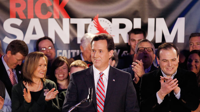 PHOTO: Rick Santorum addresses supporters at his Iowa caucus victory party, Jan. 3, 2012, in Johnston, Iowa.
