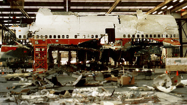 PHOTO: Reconstruction work was taking place in Calverton, N.Y., on TWA Flight 800 which crashed into the Atlantic Ocean off New Yorks Long Island, March 6, 1997.