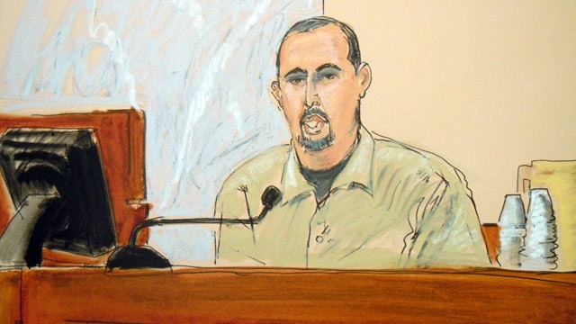 PHOTO: In this courtroom sketch, Najibullah Zazi testifies in the terror trial of Adis Medunjanin, accused in a foiled plot to attack New York City subways, in federal court in Brooklyn, New York, April, 18, 2012.