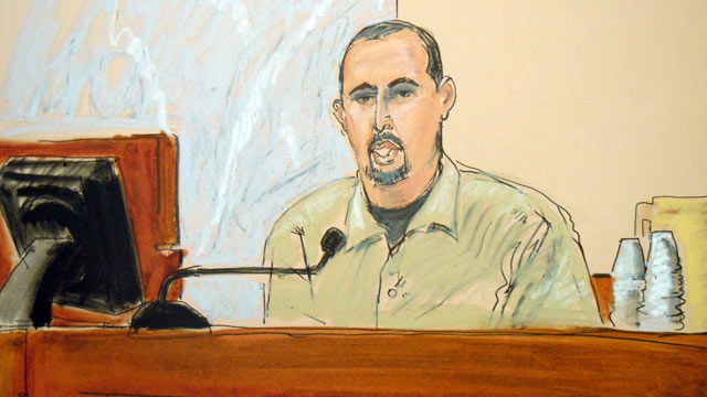 PHOTO: In this courtroom sketch, Najibullah Zazi testifies in the terror trial of Adis Medunjanin, accused in a foiled plot to attack New York City subways, in federal court in Brooklyn, New York, April, 18, 2012.