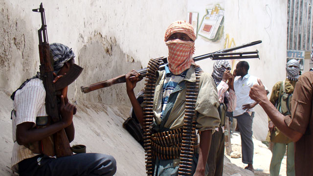 PHOTO: Shabab militia patrol Bakara Market in Mogadishu.
