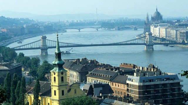 PHOTO: Chain Bridge and Houses of Parliament in Budapest, Hungary, are seen in this elevated view.
