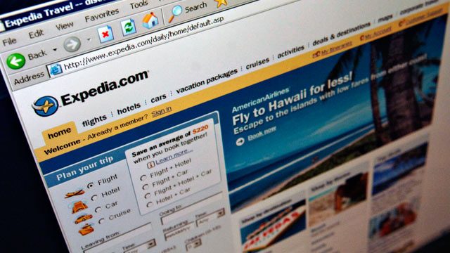 PHOTO: The Expedia.com home page is pictured on a computer screen.