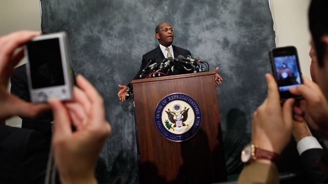 PHOTO: Republican presidential candidate Herman Cain participates in a discussion with members of the Congressional Health Care Caucus on Capitol Hill Nov. 2, 2011 in Washington, DC.
