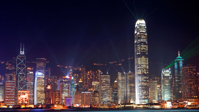 PHOTO: China, Hong Kong, skyline at night.