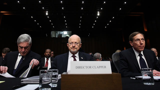 PHOTO: FBI Director Robert Mueller, Director of National Intelligence James Clapper and CIA Director David Petraeus appear before the Senate Select Committee on Intelligence on Capitol Hill on Jan. 31, 2012 in Washington, DC.