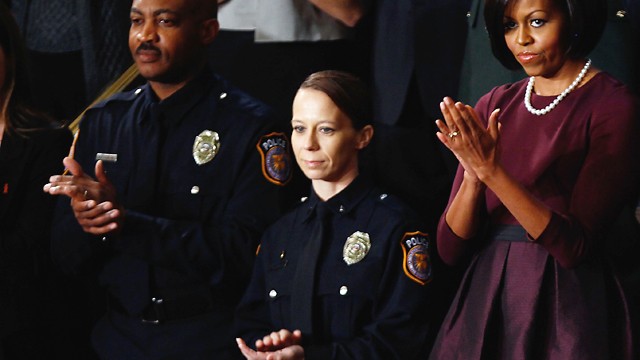 PHOTO: Kimberly Munley of Killeen, Texas, center, and U.S. first lady Michelle Obama look on before President Barack Obama's speech to both houses of Congress during his State of the Union address, Jan. 27, 2010, in Washington.