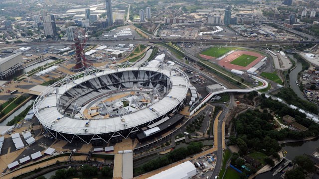 PHOTO: An aerial view of The London Olympic Stadium and Park, June 14, 2012 in London, England.