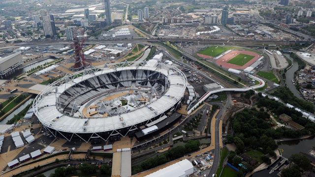 PHOTO: An aerial view of The London Olympic Stadium and Park, June 14, 2012 in London, England.