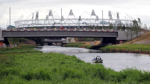 PHOTO: Police patrol on a waterway at the London 2012 Olympic Park, June 15, 2011 in London, England.