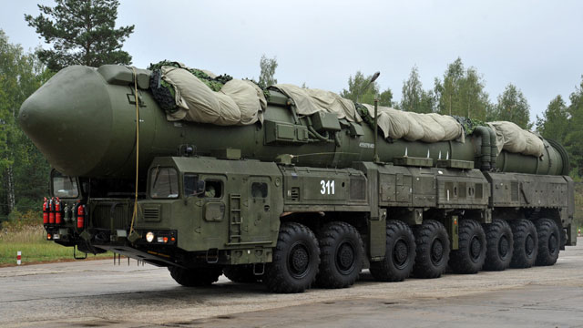 PHOTO: A Russian RS-24 Yars thermonuclear intercontinental ballistic missile launcher rolls at a strategic missile forces base near the town of Teykovo, some 200 km northeast of Moscow, Sept. 22, 2011.
