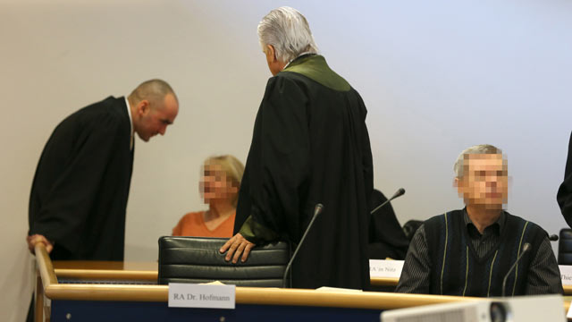 PHOTO: Accused Russian spies with the aliases Andreas (R) and Heidrun (L) Anschlag appear in court on the first day of their trial on Jan. 15, 2013 in Stuttgart, Germany. NOTE: The identities of people in this image have been obscured at the request of t
