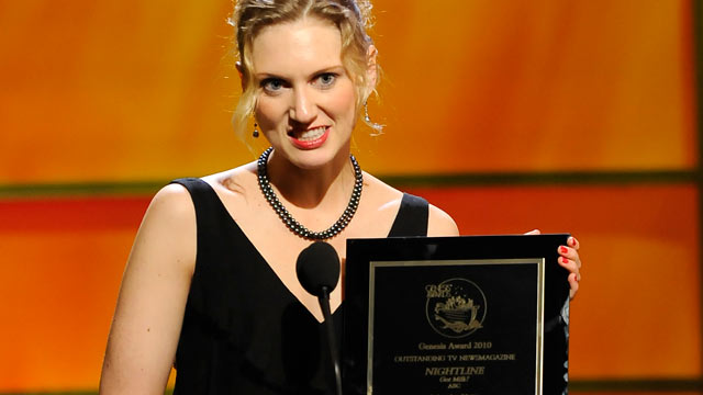 PHOTO: Anna Schecter accepting her award for producing outstanding works that raise public awareness of animal issues at the 25th Annual Genesis Awards, March 19, 2011.