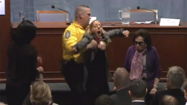 PHOTO: C-SPAN cameras captures a protester who interrupted John Brennans speech defending the U.S. drone campaign against Taliban and al Qaeda militants, April 30, 2012.