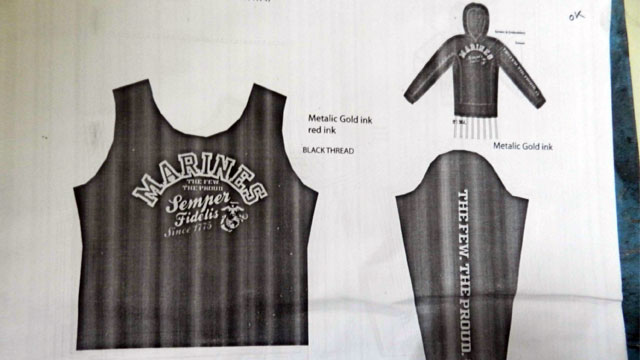 PHOTO: Patterns for clothing licensed by the U.S. Marine Corps were found in the Tazreen Fashions Ltd. factory in Dhaka, Bangladesh after a fire that killed 117 people.