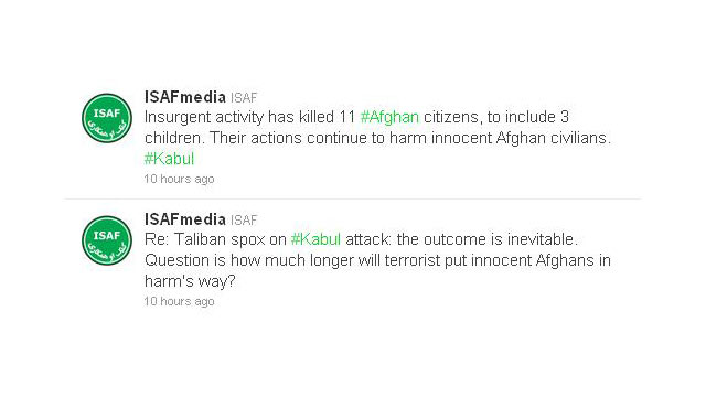 PHOTO: Hours after NATO forces repelled a Taliban attack on the U.S. embassy in Kabul, NATO and the Taliban got into it again, on Twitter.