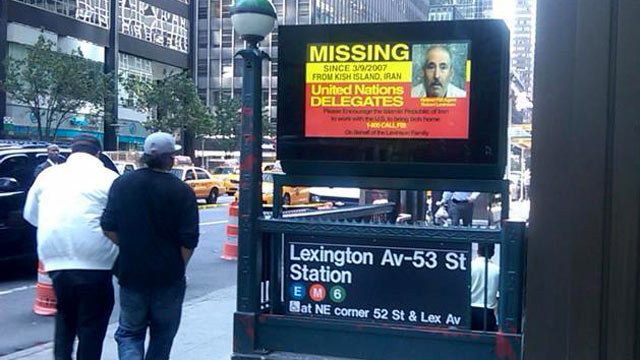 PHOTO: A billboard is post above a subway entrance in New York, NY addressing United Nations Delegates of missing, retired FBI agent, Robert Levinson.