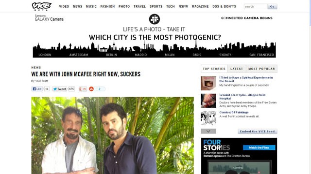PHOTO: The location of John McAfee, the millionaire eccentric on the run from Belize authorities, was possibly revealed by VICE magazine when they posted a photo to their website on December 3, 2012.