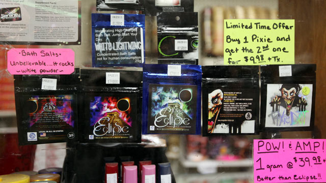 PHOTO: Business was brisk at The Last Place on Earth in Duluth, Minnesota, June 29, 2011, before the ban on synthetic drugs went into effect at midnight. These are some of the Bath Salts that are included in the ban.
