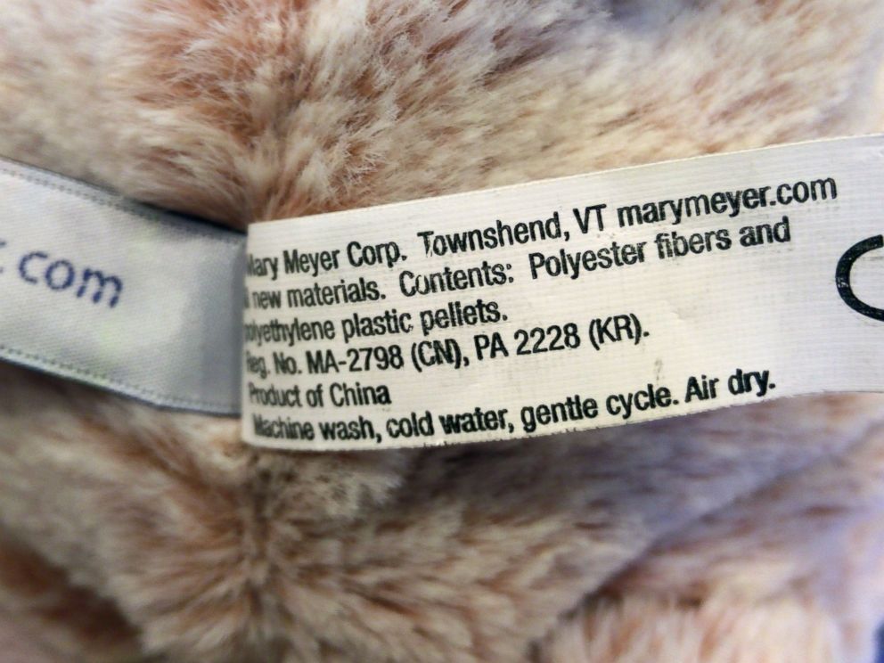 PHOTO: A tag for a bear sold with the Trump name indicates that its a product of China.