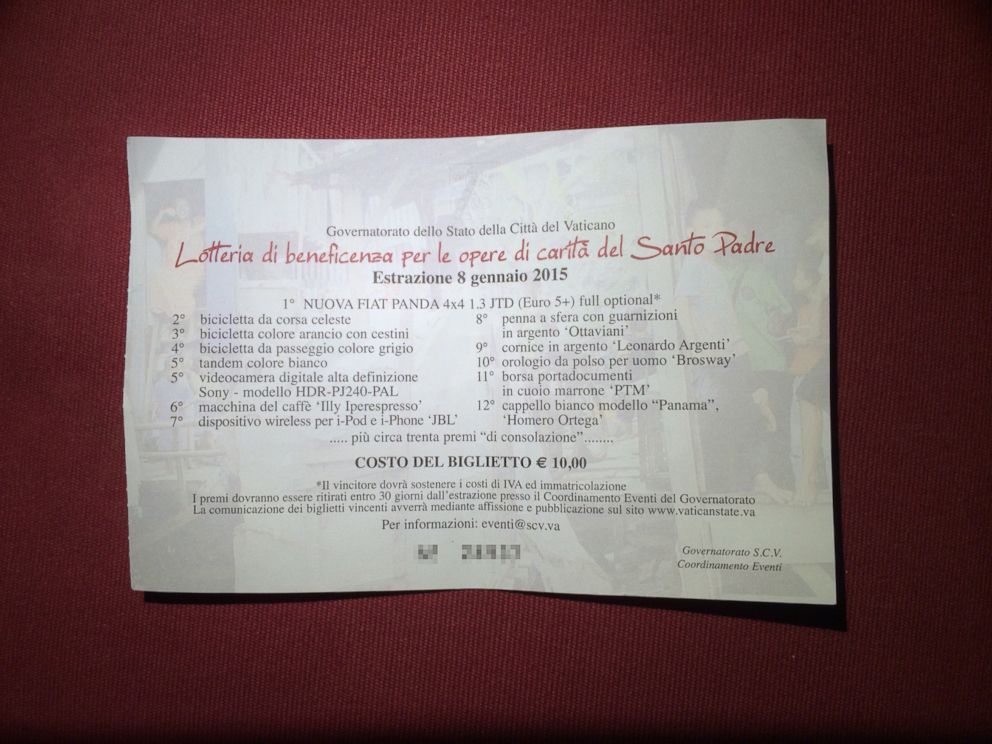 PHOTO: A ticket for the raffle of Pope Francis gifts, the winners of which will be announced Jan. 8, 2015.