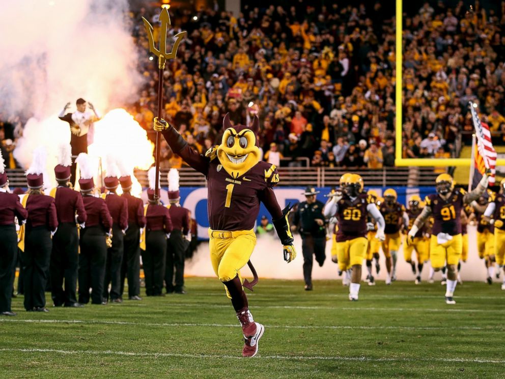PHOTO: Arizona State Sun Devils mascot, Sparky runs out onto the field during the Pac 12 Championship game against the Arizona State Sun Devils at Sun Devil Stadium, Dec. 7, 2013, in Tempe, Arizona.