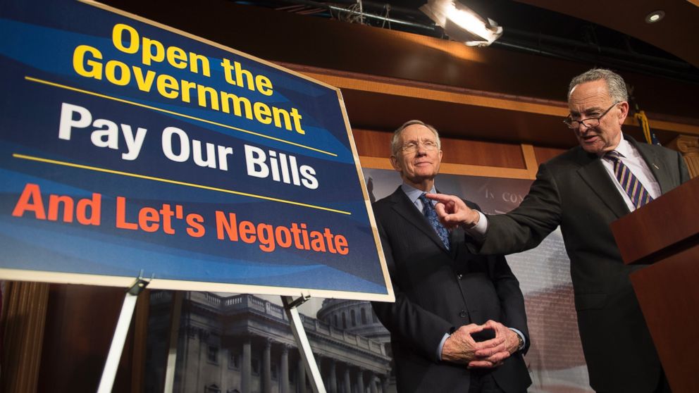 PHOTO: Harry Reid and Chuck Schumer are seen during a press conference on Capitol Hill about the debt ceiling in Washington, Oct. 12, 2013.