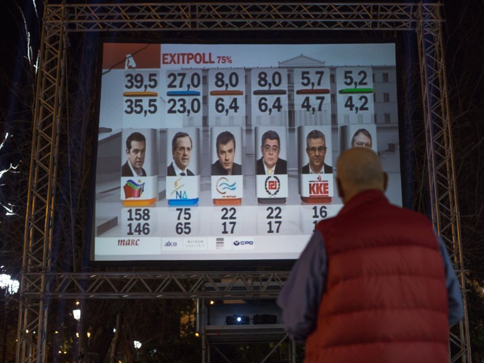 PHOTO: A man looks at a giant screen showing a exit poll, Jan. 25, 2015 in Athens, Greece.