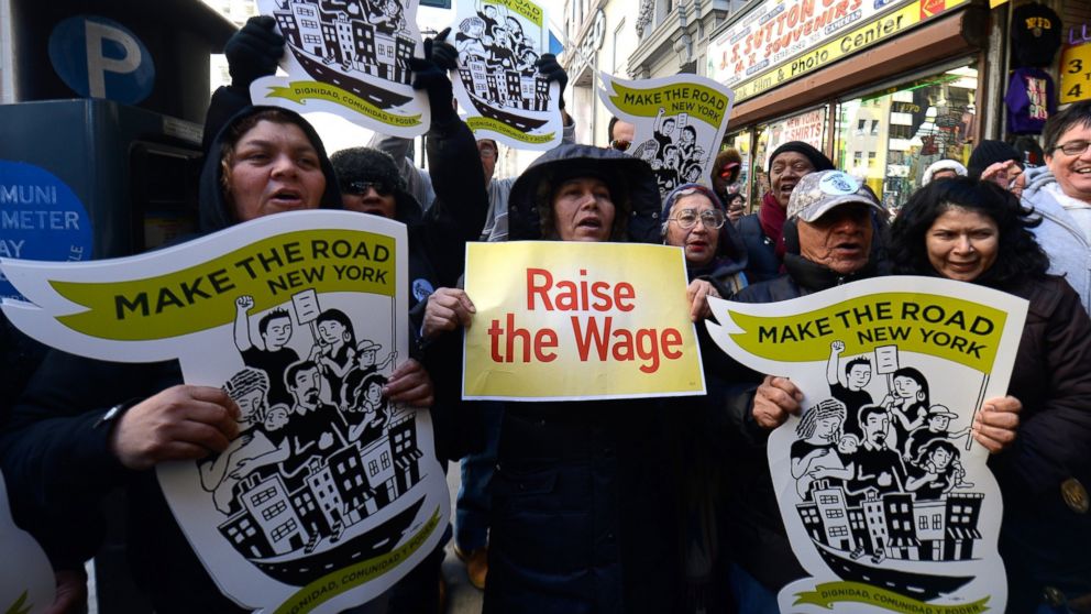 PHOTO: Fast-food workers calling for better wages demonstrate outside a McDonalds in New York
