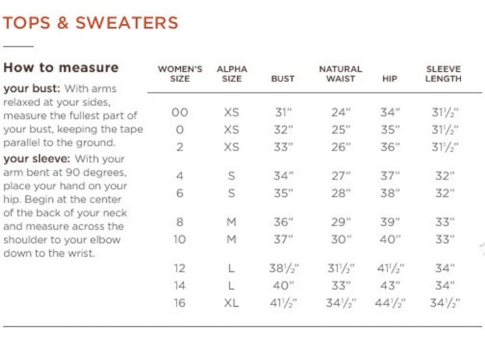 Banana Republic Size Chart Women's