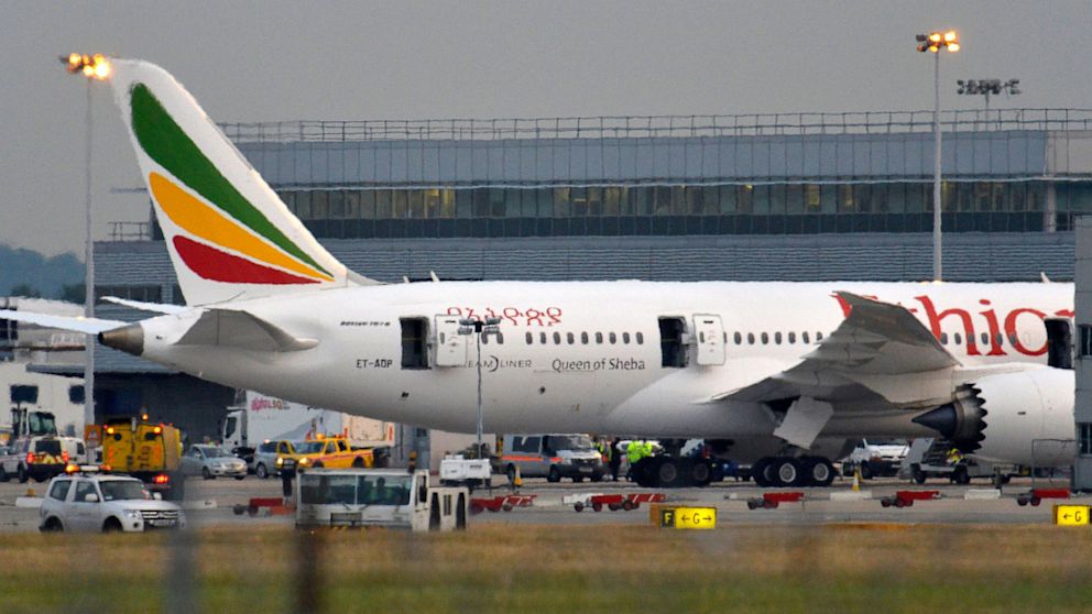 PHOTO: Emergency services attend to a Boeing 787 Dreamliner, operated by Ethiopian Airlines