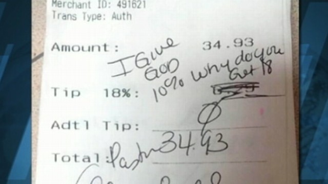 VIDEO: St. Louis waitress posted receipt from pastor who had scribbled a note invoking God in lieu of a tip.
