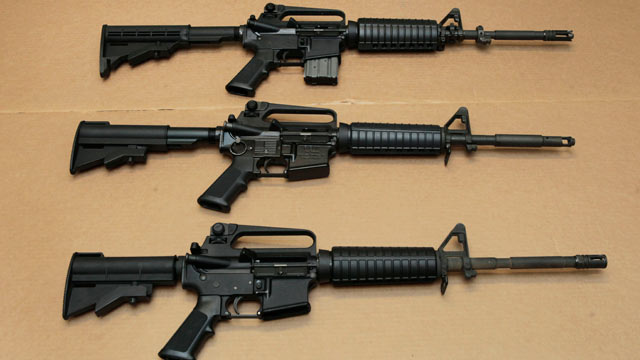 PHOTO:Â Three variations of the AR-15 assault rifle are displayed at the California Department of Justice in Sacramento, Calif., Aug. 15, 2012.