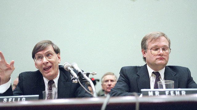 PHOTO: Acting Major League Baseball Commissioner Bud Selig, left, and Donald Fehr, executive director of the Major League Baseball Players Association testify on Capitol Hill in Washington, Sept. 22, 1994, before the House subcommittee on Economic and Com