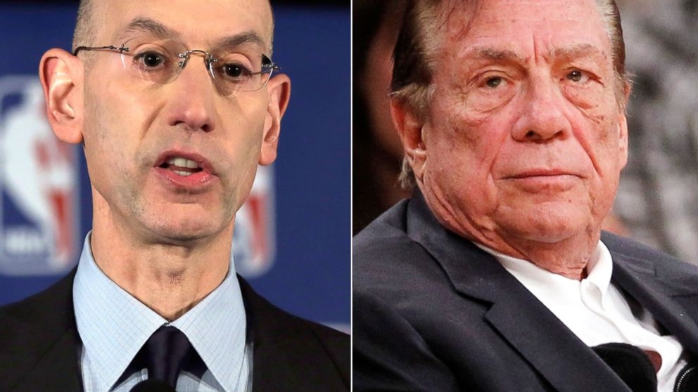 PHOTO: NBA Commissioner Adam Silver reads a statement during a news conference, in New York, April 29, 2014. Right, Los Angeles Clippers owner Donald Sterling, Dec. 19, 2010.